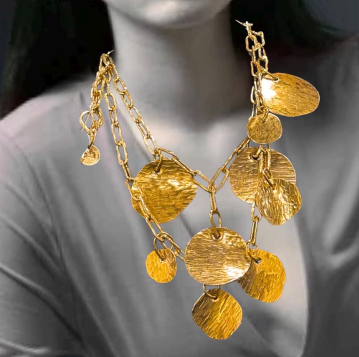 Gold Charm Necklace Hammered Brass Statement Necklace Boho Coin Necklace Artisan Gold Disc Necklace Layered Charm Jewelry Handmade Gift
