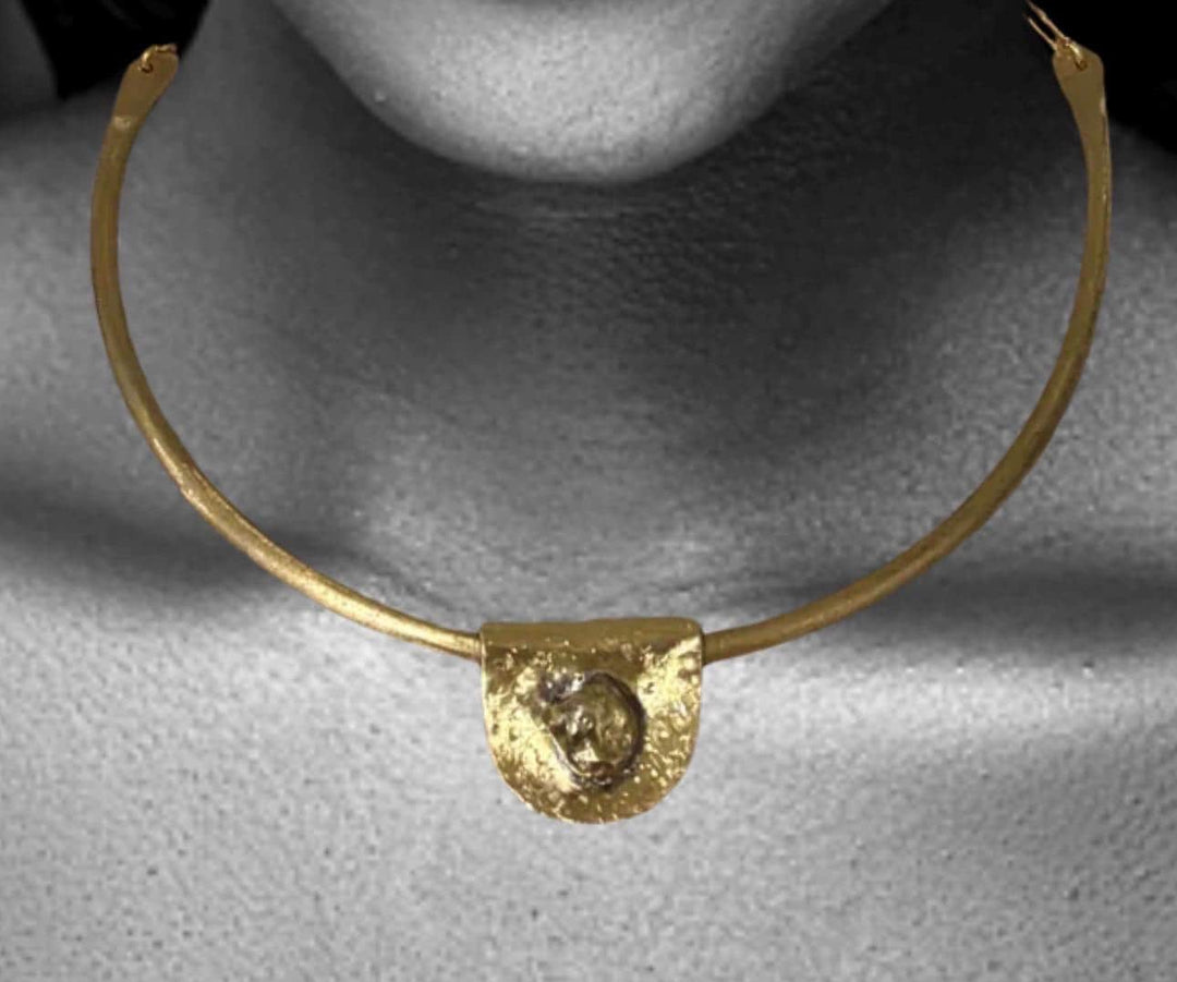 Brass Collar Necklace Removable Pendant Nugget Statement Choker Bold Jewelry Handcrafted Design Modern Ancient Inspired Accessory Artistic