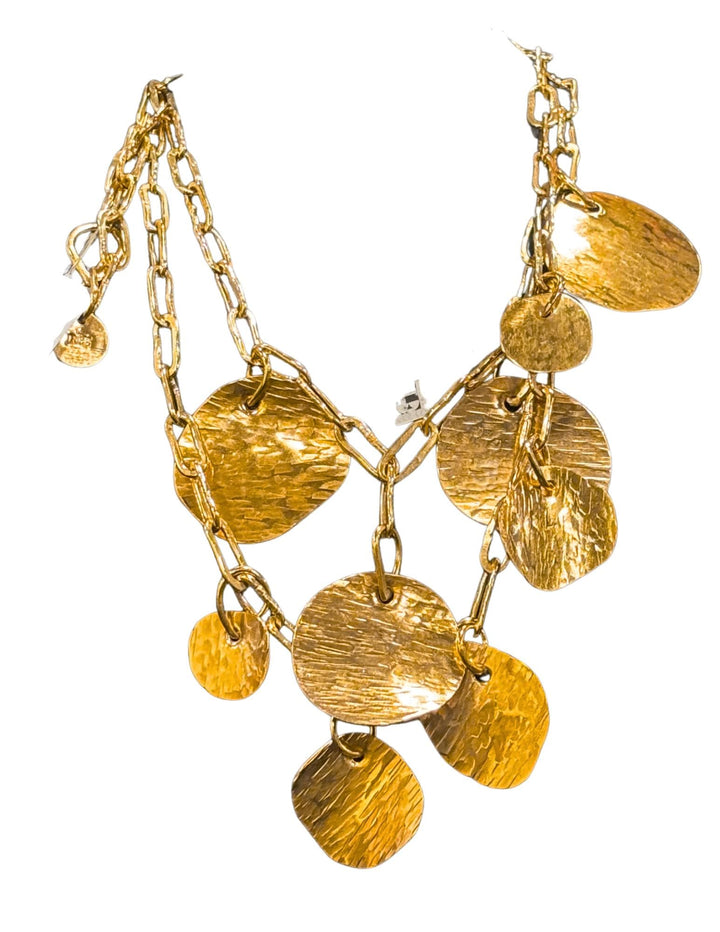 Gold Charm Necklace Hammered Brass Statement Necklace Boho Coin Necklace Artisan Gold Disc Necklace Layered Charm Jewelry Handmade Gift