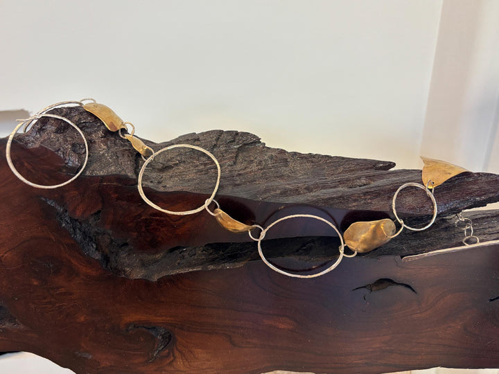 Sterling Silver & Brass Statement Necklace, Hand Forged Mixed Metal Sculptural Chain