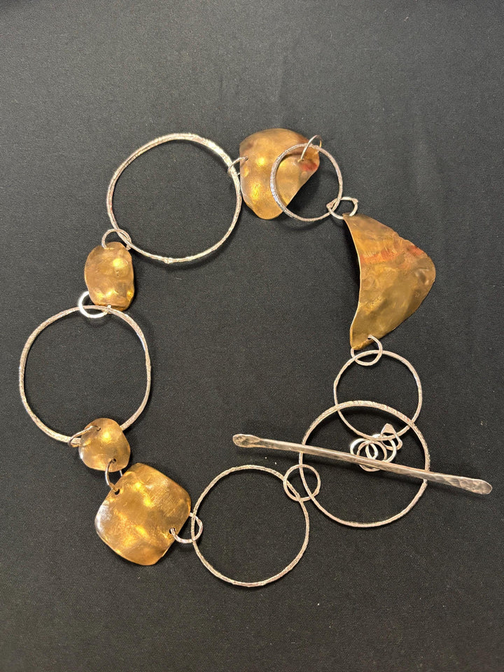 Sterling Silver & Brass Statement Necklace, Hand Forged Mixed Metal Sculptural Chain