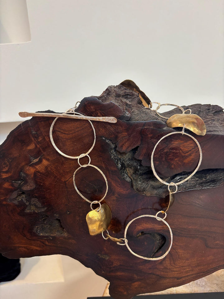 Sterling Silver & Brass Statement Necklace, Hand Forged Mixed Metal Sculptural Chain