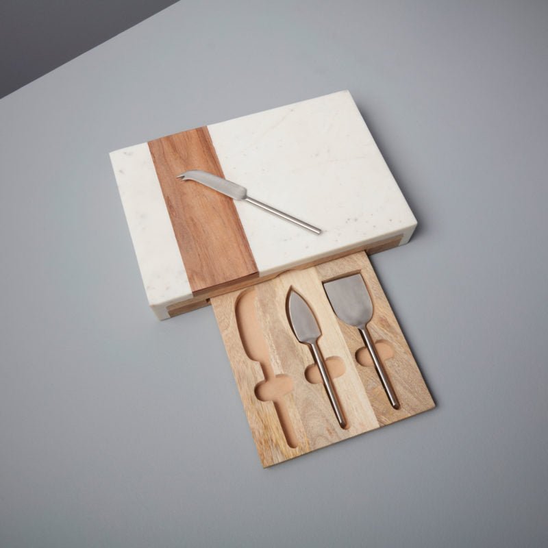 White Marble & Acacia Pocket Cheese Set - SEARED LIVING